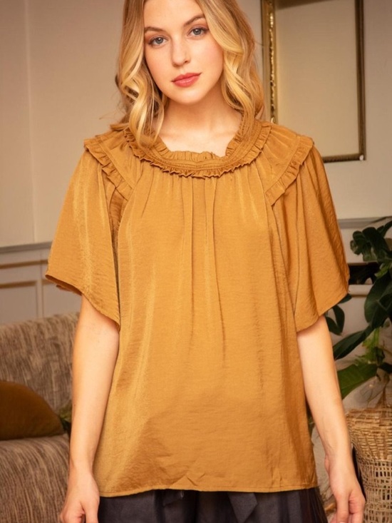 Voy Tops - VOY Ruffle Round Neck Satin Top – Boutique | New